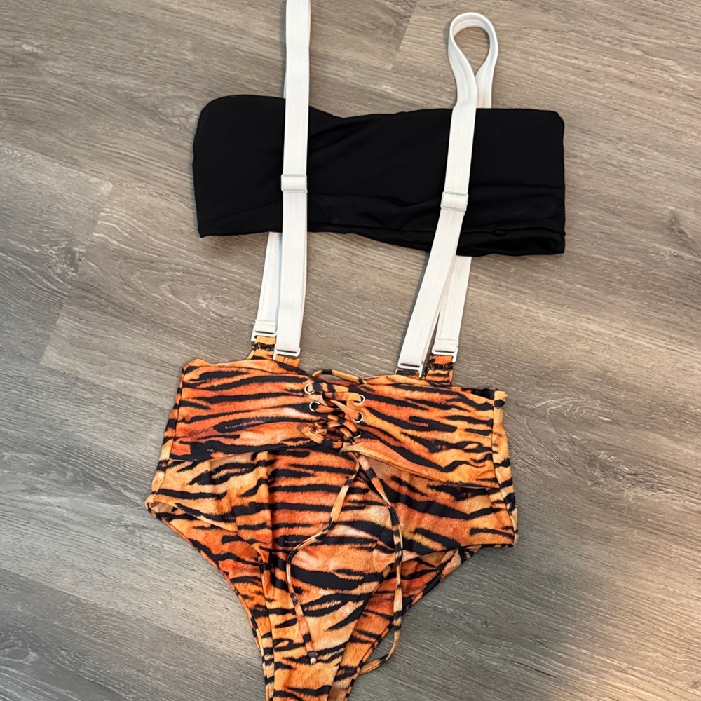 Black and Tiger Print Two-Piece Swimsuit